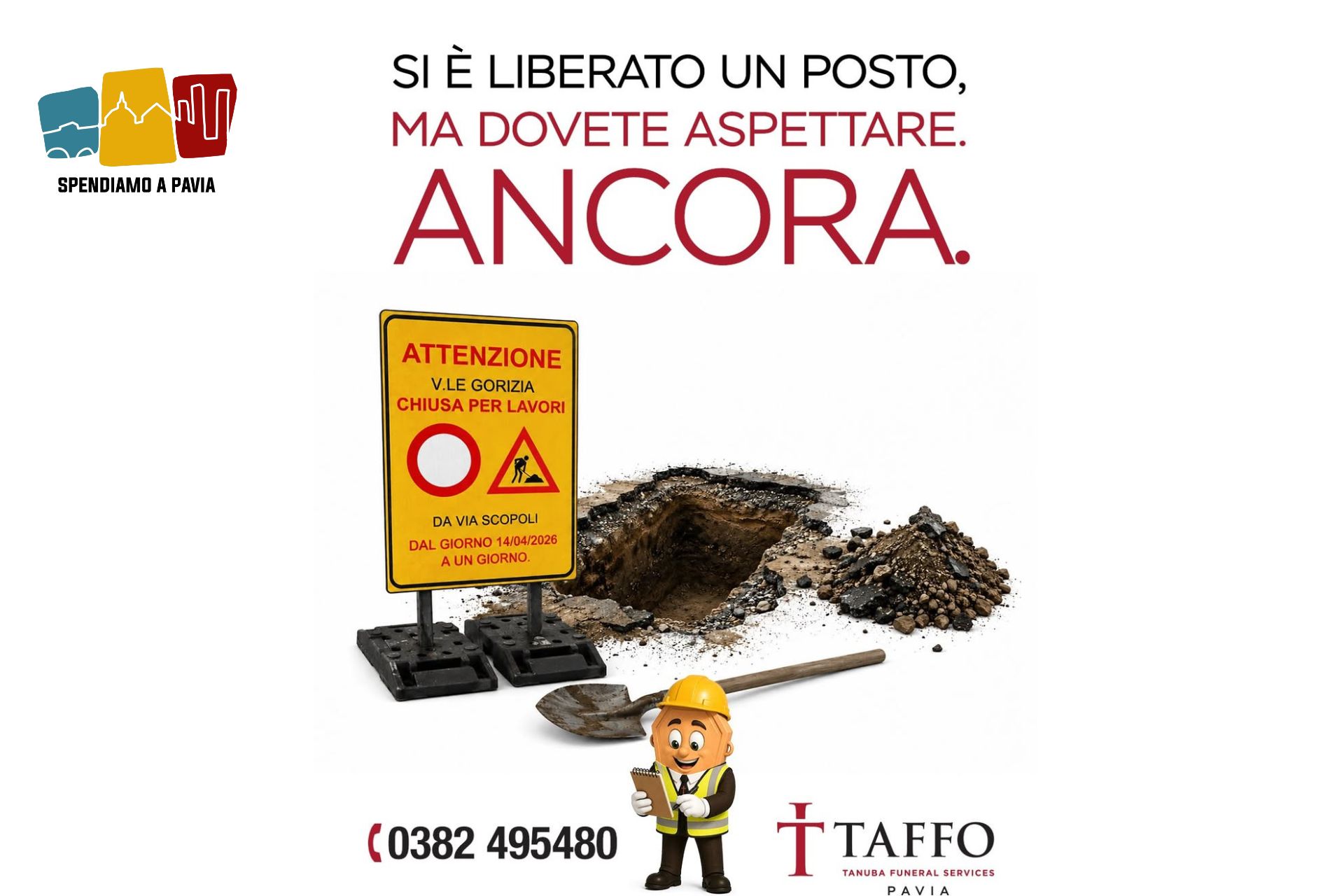 Taffo Funeral Services Pavia ironizza sul cantiere di viale Gorizia: la campagna che fa sorridere la città